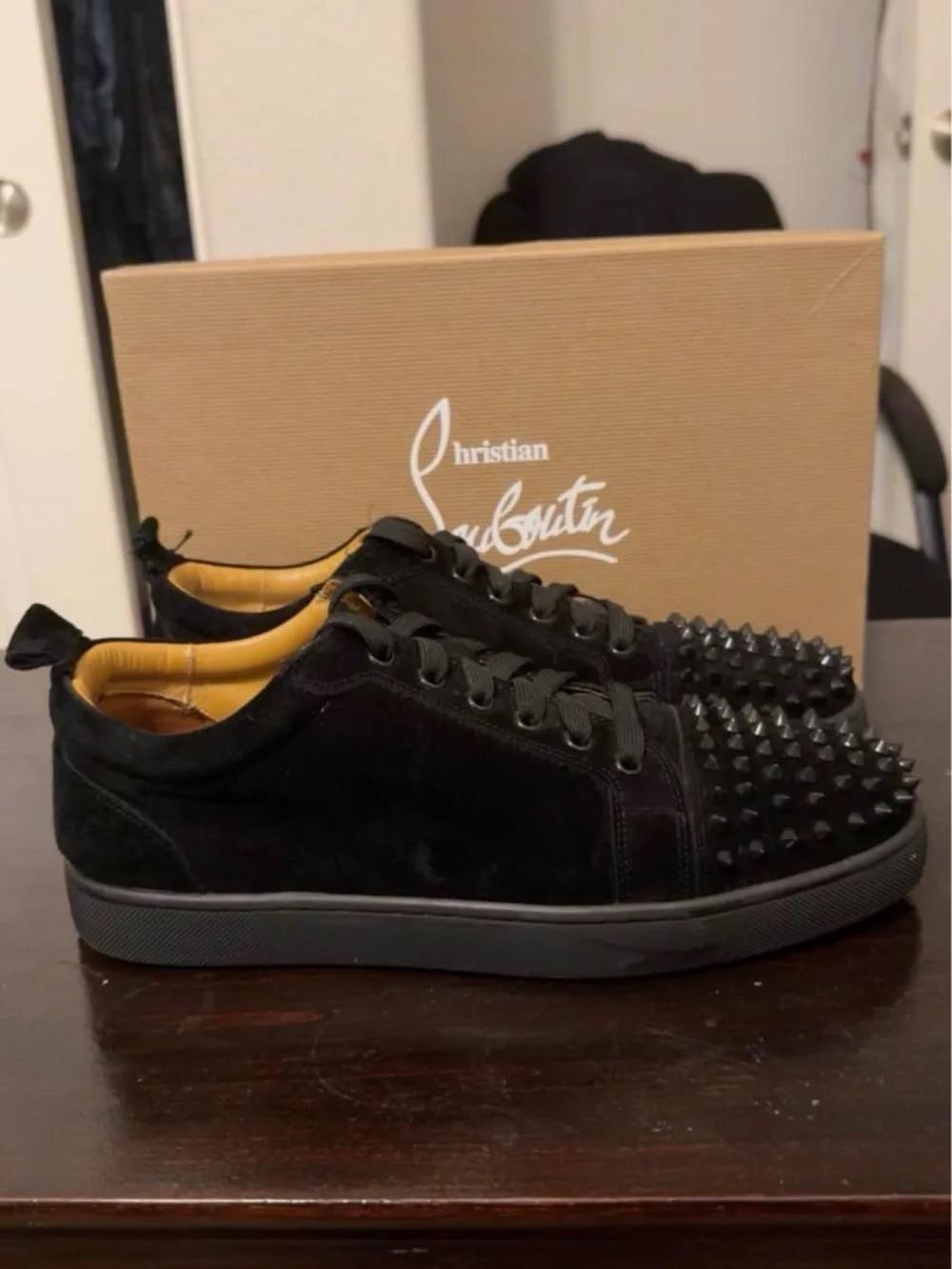 Christian Louboutin Men’s Black Suede Spike-Embellished Low Top Sneakers